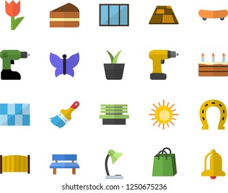 Color flat icon set window flat vector, drill screwdriver, paint brush, tile, fence, flooring, piece of cake, home plant, horseshoe, tulip, butterflies, bench, bags, reading lamp, skateboard, bell