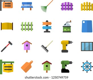 Color flat icon set window flat vector, drill screwdriver, fence, ax, cutting board, coffee grinder, nesting box, rake, bench, signboard, pointer fector, steering wheel