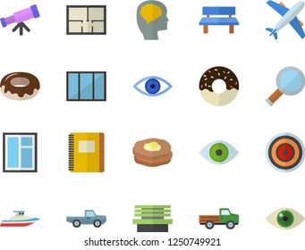 Color flat icon set window flat vector, house layout, induction cooker, donut, pancakes, pickup truck, bench, eye, magnifier, notebook, telescope, brain fector, aircraft, yacht