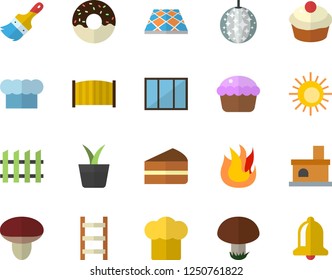 Color flat icon set window flat vector, paint brush, fence, flooring, cook hat, fire, cupcake, piece of cake, donut, mushroom, home plant, ladder, fireplace, sun fector, disco ball, bell