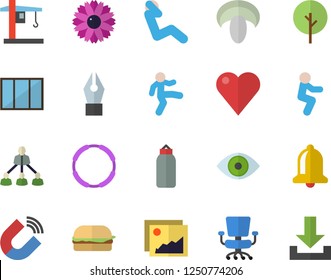 Color flat icon set window flat vector, hamburger, mushroom, tree, flower, crane, magnet, heart, eye, ink pen, office chair, hierarchy, sports pear, gymnastics, squats, swing press, hoop, bell
