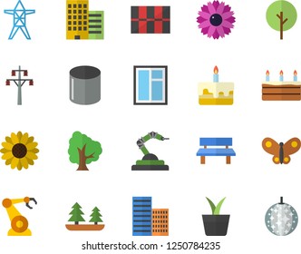 Color flat icon set window flat vector, skyscraper, tile, cake, home plant, tree, flower, butterflies, bench, forest, power line support, pipe production, robotics, disco ball fector