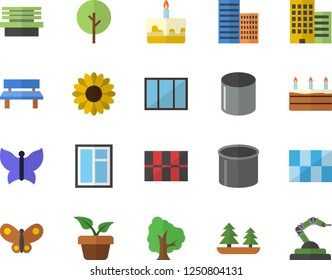 Color flat icon set window flat vector, skyscraper, tile, cake, home plant, tree, flower, butterflies, bench, forest, pipe production, robotics