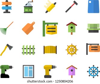 Color flat icon set window flat vector, drill screwdriver, fence, ax, rolling pin, cutting board, coffee grinder, nesting box, rake, bench, signboard, pointer fector, steering wheel