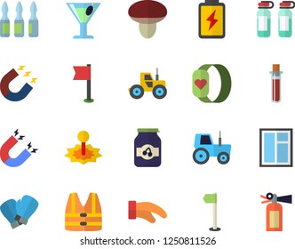 Color flat icon set window flat vector, potholder, cocktail, jam, mushroom, tractor, battery, laser, magnet, blood test, ampoule, sports flag, boxing gloves, fitness bracelet, life vest fector