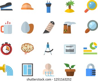 Color flat icon set window flat vector, hard hat, stationery knife, egg, tea, home plant, hose irrigation, dividers, magnifier, statistics, barcode, diagnostics, stapler, nuclear power, brain, lock
