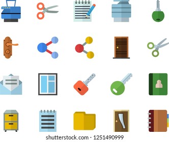 Color flat icon set window flat vector, Entrance door, lock, computer file, copy machine, archive, notepad, key fector, share, scissors, message, notebook