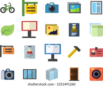 Color flat icon set window flat vector, Entrance door, hammer, tree leaf, signboard, billboard, badge, sticker, bicycle, camera vector, gallery