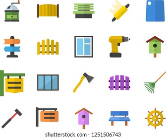 Color flat icon set window flat vector, drill screwdriver, fence, ax, rolling pin, cutting board, coffee grinder, nesting box, rake, bench, signboard, pointer fector, steering wheel