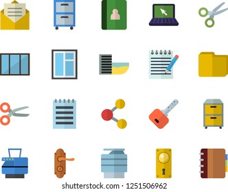 Color flat icon set window flat vector, door lock, computer file, copy machine, archive, laptop, notepad, hotel first line fector, share, scissors, message, key, notebook
