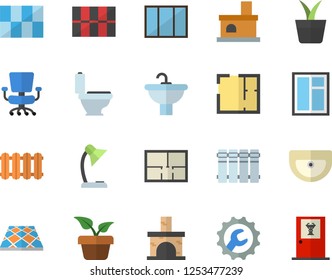 Color flat icon set window flat vector, sink, toilet, house layout, tile, repair, flooring, heating batteries, home plant, fireplace, office chair, reading lamp, doctor's fector