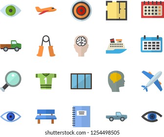 Color flat icon set window flat vector, house layout, induction cooker, pickup truck, bench, calendar, eye, magnifier, notebook, brain fector, carpal expander, sport T shirt, aircraft, cruise ship