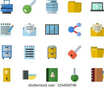 Color flat icon set window flat vector, door lock, computer file, copy machine, archive, laptop, notepad, hotel first line fector, key, share, message, notebook