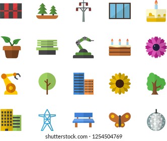 Color flat icon set window flat vector, skyscraper, tile, cake, home plant, tree, flower, butterflies, bench, forest, power line support, robotics, disco ball fector