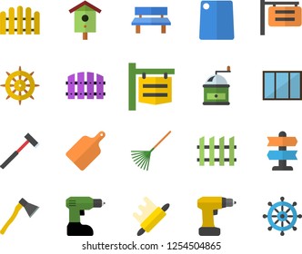 Color flat icon set window flat vector, drill screwdriver, fence, ax, rolling pin, cutting board, coffee grinder, nesting box, rake, bench, signboard, pointer fector, steering wheel