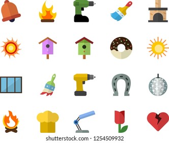 Color flat icon set window flat vector, drill screwdriver, paint brush, cook hat, donut, nesting box, horseshoe, tulip, bonfire, fireplace, reading lamp, sun fector, disco ball, bell, heart