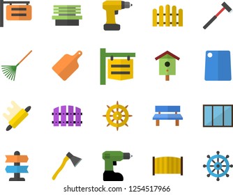 Color flat icon set window flat vector, drill screwdriver, fence, ax, rolling pin, cutting board, nesting box, rake, bench, signboard, pointer fector, steering wheel