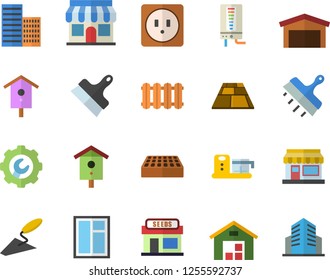 Color flat icon set window flat vector, trowel, sockets, skyscraper, repair, putty knife, brick, flooring, heating batteries, boiler, food processor, nesting box, grain warehouse, store front