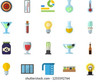 Color flat icon set window flat vector, meashuring cup, induction cooker, spice, sauce, wine, cocktail, jam, thermometer, lamp, energy saving, statistics, blood test, medical analysis, flask, bulb