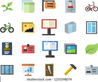Color flat icon set window flat vector, Entrance door, hammer, tree leaf, signboard, billboard, chart, badge, sticker, bicycle, fector, gallery