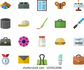 Color flat icon set window flat vector, color scheme, brick, kitchen spatula, hamburger, flower, butterflies, energy saving lamp, pipe production, barcode, scalpel, briefcase, medal, centimeter