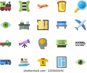 Color flat icon set window flat vector, house layout, sandwich, pickup truck, bench, magnifier, eye, office worker, telescope, brain fector, carpal expander, sport T shirt, aircraft, train, bus