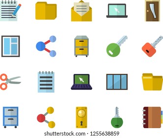 Color flat icon set window flat vector, Entrance door, lock, computer file, archive, laptop, notepad, key fector, share, scissors, message, notebook
