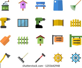 Color flat icon set window flat vector, drill screwdriver, fence, ax, cutting board, coffee grinder, nesting box, rake, bench, signboard, steering wheel