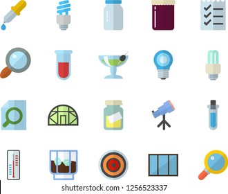 Color flat icon set window flat vector, induction cooker, glass jar, whiskey, jam, thermometer, greenhouse, lamp, magnifier, pipette, blood test, medical analysis, to do list, energy saving fector