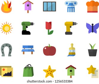 Color flat icon set window flat vector, drill screwdriver, cook hat, fire, tomato, nesting box, home plant, horseshoe, paint brush, tulip, butterflies, bench, bags, antique column fector, sun