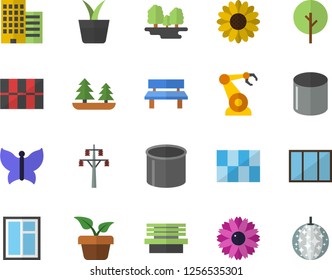 Color flat icon set window flat vector, skyscraper, tile, home plant, tree, flower, butterflies, bench, forest, power line support, pipe production, robotics, disco ball fector