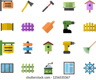 Color flat icon set window flat vector, drill screwdriver, fence, ax, cutting board, coffee grinder, nesting box, rake, bench, signboard, pointer fector, steering wheel