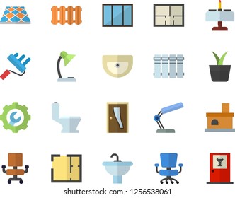 Color flat icon set window flat vector, paint roller, sink, toilet, house layout, Entrance door, repair, flooring, heating batteries, home plant, fireplace, office chair, reading lamp, doctor's