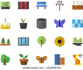 Color flat icon set window flat vector, skyscraper, tile, cake, home plant, tree, flower, butterflies, bench, forest, power line support, pipe production, robotics