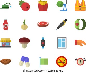Color flat icon set window flat vector, concrete mixer, potholder, chop, onion, French fries, cranberry, ketchup, mushroom, grain warehouse, hose, flag, pills, pen, fitness bracelet, life vest