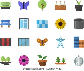 Color flat icon set window flat vector, skyscraper, tile, cake, home plant, tree, flower, butterflies, bench, forest, power line support, pipe production, disco ball fector