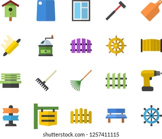 Color flat icon set window flat vector, drill screwdriver, fence, ax, rolling pin, cutting board, coffee grinder, nesting box, rake, bench, signboard, pointer fector, steering wheel