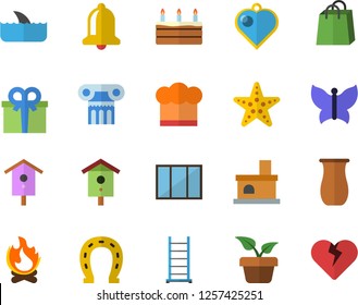 Color flat icon set window flat vector, ladder, cook hat, jugful, cake, nesting box, home plant, horseshoe, butterflies, bonfire, fireplace, bags, present, antique column fector, starfish, shark