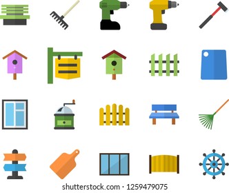 Color flat icon set window flat vector, drill screwdriver, fence, ax, cutting board, coffee grinder, nesting box, rake, bench, signboard, pointer fector, steering wheel