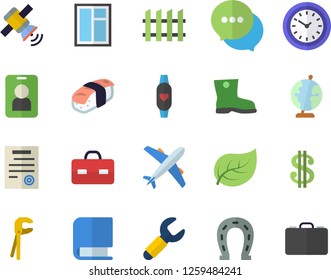 Color flat icon set window flat vector, tool, fence, sashimi, horseshoe, gumboots, tree leaf, wrench, dollar, clock, chat, briefcase, contract, book, satellit, globe, fitness bracelet, pass, case