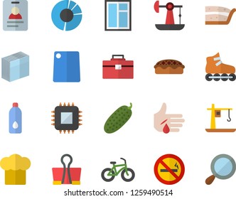 Color flat icon set window flat vector, tool bag, cook hat, cutting board, piece of cake, pie, cucumber, oil pumping, crane, motherboard, injury, clircle diagram, sticker, bicycle, roller Skates