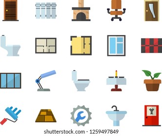 Color flat icon set window flat vector, paint roller, sink, toilet, house layout, Entrance door, tile, repair, flooring, heating batteries, home plant, fireplace, office chair, reading lamp