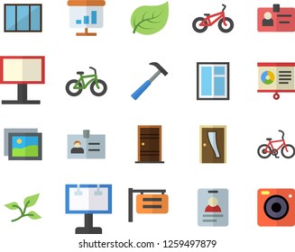 Color flat icon set window flat vector, Entrance door, hammer, tree leaf, signboard, billboard, chart, badge, bicycle, fector, gallery, camera