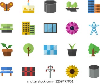 Color flat icon set window flat vector, skyscraper, tile, cake, home plant, tree, flower, butterflies, bench, forest, power line support, pipe production