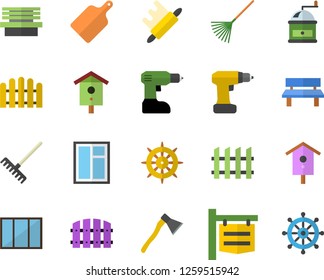 Color flat icon set window flat vector, drill screwdriver, fence, ax, rolling pin, cutting board, coffee grinder, nesting box, rake, bench, signboard, steering wheel