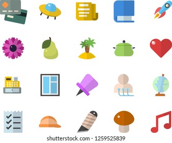 Color flat icon set window flat vector, hard hat, stationery knife, saucepan, mushroom, pear, flower, rocket, credit card, cash machine, diagnostics, document, to do list, book, globe, ufo, heart
