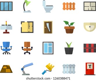 Color flat icon set window flat vector, paint roller, sink, toilet, house layout, Entrance door, tile, flooring, heating batteries, home plant, office chair, reading lamp, romantic dinner fector