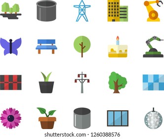 Color flat icon set window flat vector, skyscraper, tile, cake, home plant, tree, flower, butterflies, bench, forest, power line support, pipe production, robotics, disco ball fector