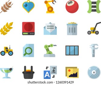 Color Flat Icon Set Window Flat Vector, Weighing Machine, Ear, Tractor, Lawn Mower, Robotics, Metallurgy, Trammel, Magnifier, Industrial Robot, Bowling Ball, Carpal Expander, Cocktail Fector, Target