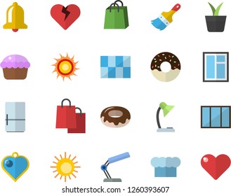 Color flat icon set window flat vector, paint brush, tile, cook hat, fridge, cupcake, donut, home plant, bags, reading lamp, sun fector, heart pendant, bell